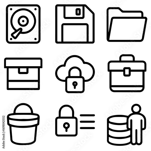Black Outline Icons Hard Drive Floppy Disk Folder Box Cloud Lock Briefcase Bucket Padlock and Data Stack.
