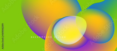 Abstract fluid shapes overlap, creating vibrant color gradients. Lime green background complements orange, purple, blue hues. Modern design element.