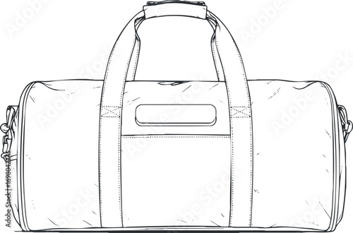 Outline illustration of a stylish duffel bag designed for travel and sports activities. Black on transparent background.