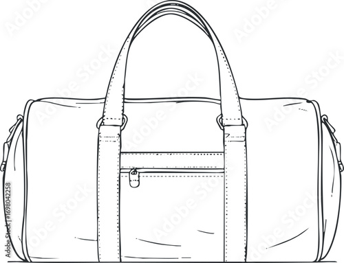 Illustration of a stylish duffel bag featuring a zipper and sturdy handles. Black on transparent background.