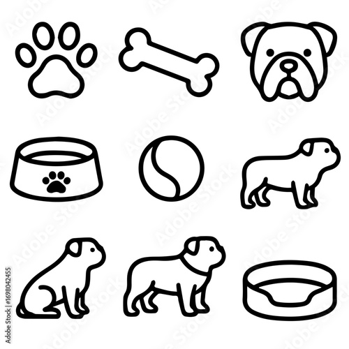 Bulldog and Pug Dog Icon Set with Accessories.