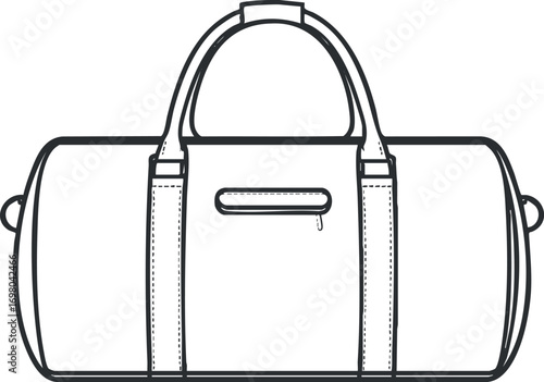 Illustration of a stylish duffel bag with handles and zipper, ideal for travel and sports. Black on transparent background.