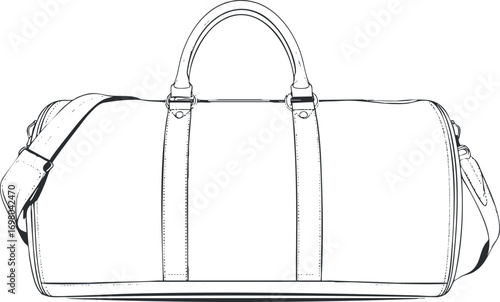 A minimalist outline illustration of a stylish duffel bag designed for travel and sports. Black on transparent background.