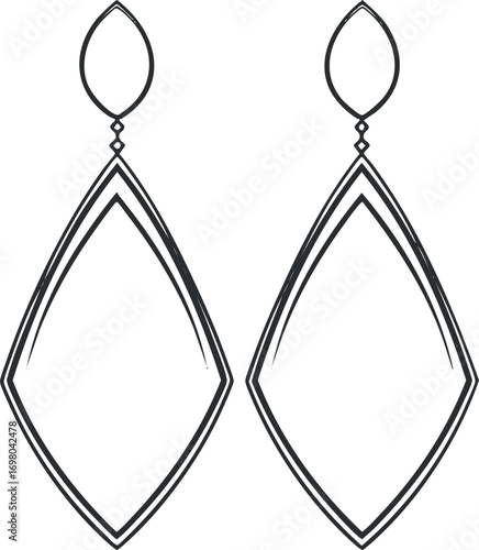 Elegant geometric earrings design showcasing a unique diamond shape and modern style. Black on transparent background.