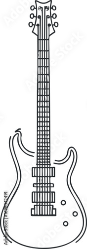 Illustration of an electric guitar showcasing its design and features in a minimalist style. Black on transparent background.