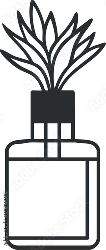 A minimalist illustration of a potted plant with leafy greenery for home decor. Black on transparent background.
