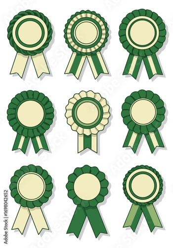 A collection of nine illustrated green and cream award rosettes with ribbons for winners.