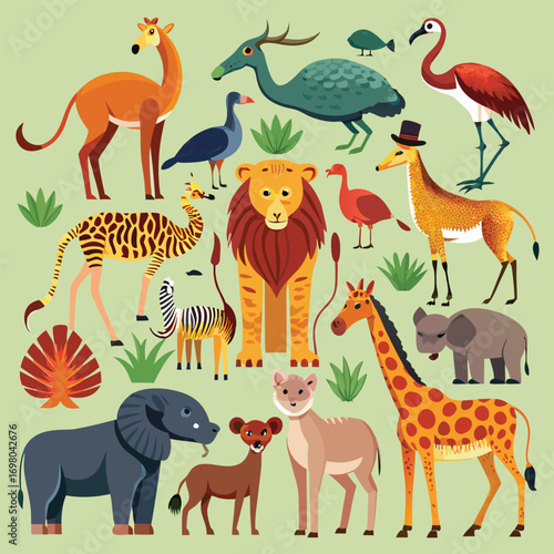 Cartoon illustration of various African animals on a light green background.