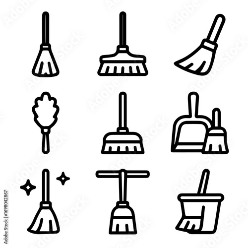 Cleaning Tools Icon Set Brooms Duster Dustpan and Mop in Bold Outline.