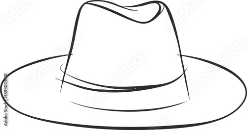 An elegant line art illustration of a stylish wide brim hat for fashion and outdoor wear. Black on transparent background.