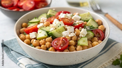 Fresh summer salad bursting with flavor featuring chickpeas, diced cucumbers, and vibrant cherry tomatoes