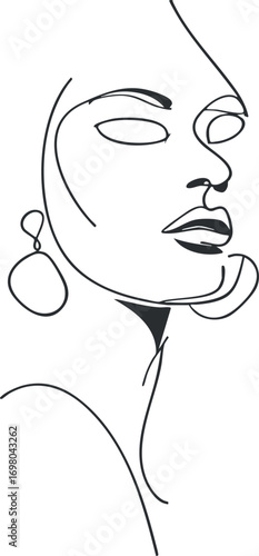 Stylish minimalist line art portrait of a woman showcasing elegance and modern beauty. Black on transparent background.