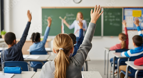 Elementary School Classroom Students Raising Hands Teacher Lesson Education Learning Knowledge
