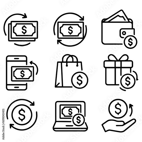 Collection of Black and White Financial Icons Depicting Money Transactions and Commerce.