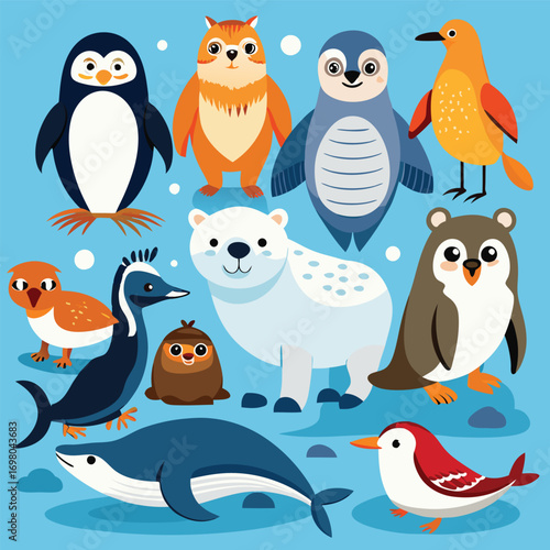 Cute cartoon animals of the arctic and antarctic regions.