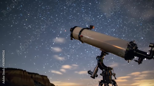 White telescope pointed toward a twinkling sky full of stars, atop a scenic landscape