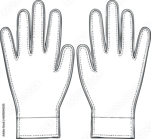 Illustration of a pair of gloves showcasing design and structure for various uses. Black on transparent background.