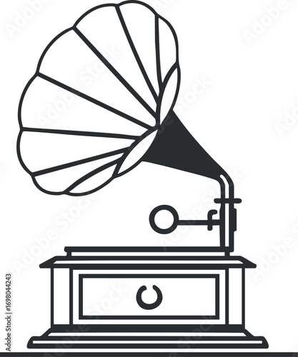 A vintage gramophone design showcasing a classic record player with a large horn. Black on transparent background.