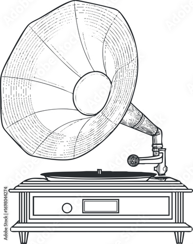 A vintage gramophone showcasing classic design and nostalgia for music lovers and collectors. Black on transparent background.