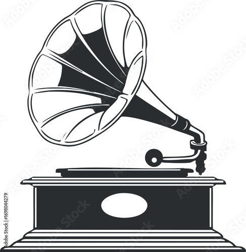 A vintage gramophone showcasing a classic design and unique sound reproduction technology. Black on transparent background.
