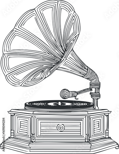 A vintage gramophone illustration showcasing its classic design and unique sound playback features. Black on transparent background.