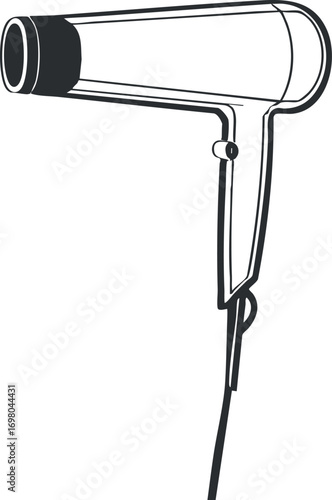 Illustration of a modern hairdryer showcasing its sleek design and functionality for hair styling. Black on transparent background.