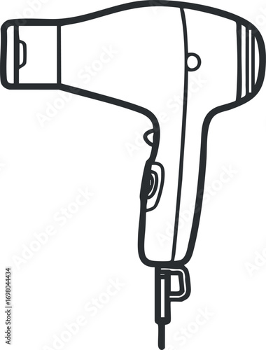 Illustration of a hairdryer designed for hair styling and drying in personal care. Black on transparent background.