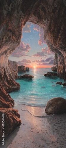 A serene coastal cave entrance reveals a tranquil turquoise sea at sunset.
