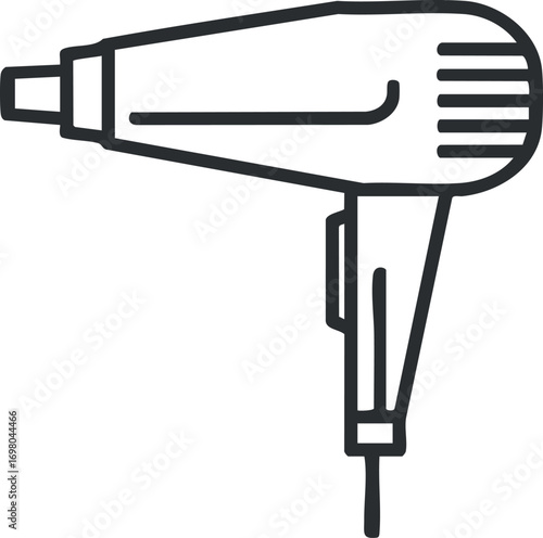 Illustration of a modern hair dryer designed for personal grooming and salon use. Black on transparent background.