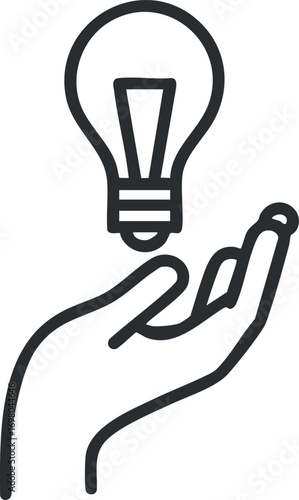 A hand holding a lightbulb symbolizing creativity and innovative ideas for problem solving Black on transparent background.