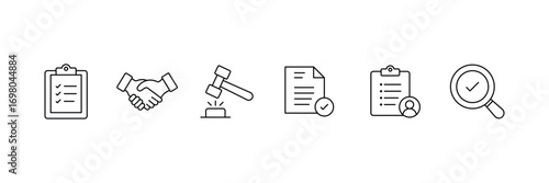 Regulation line icons. Compliance Icons. Containing rules, authority, guideline, penalty, government, ethics, compliance, procedure, and more. Vector illustration.
