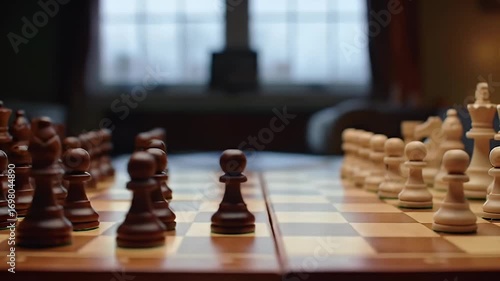 A wooden chess set displayed indoors in preparation for a game, focus shallow