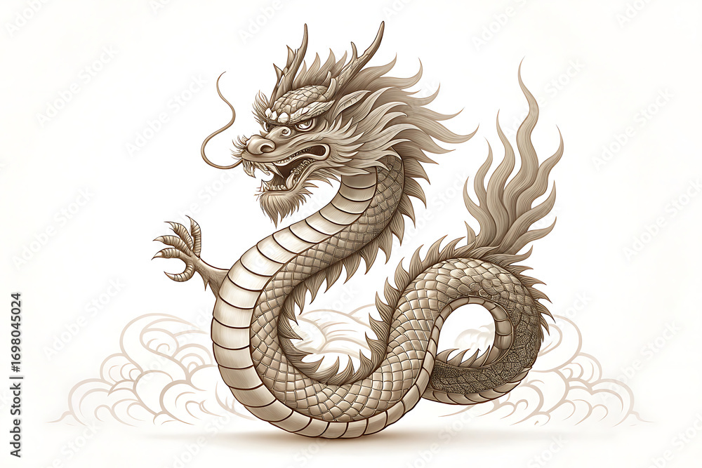 Obraz premium Dragon illustration on white background with golden oriental design and mythical symbolism