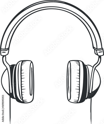 Illustration of a pair of headphones designed for listening to music and audio. Black on transparent background.
