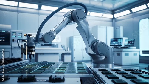 Robotic arm working with microchips in clean, high-tech lab