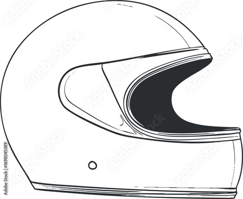 Illustration of a motorcycle helmet showcasing its design and features in a side view. Black on transparent background.