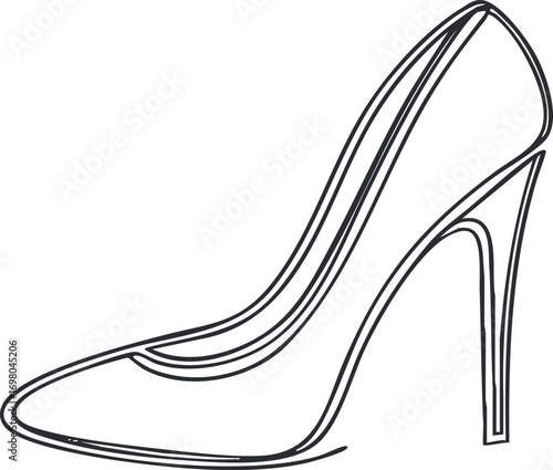 A minimalist line art illustration of an elegant high heel shoe, perfect for fashion designs. Black on transparent background.