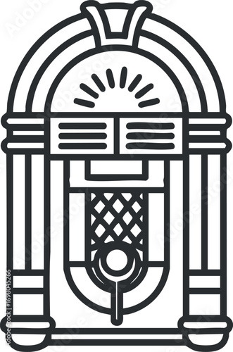 A vintage jukebox illustration showcasing retro music culture and nostalgic entertainment style. Black on transparent background.