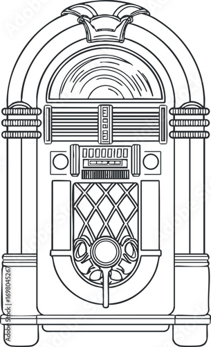 Illustration of a vintage jukebox with intricate design details in black and white. Black on transparent background.