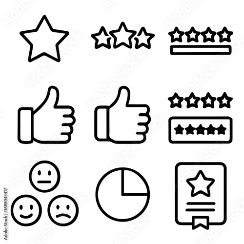 Collection of Simple Black and White Icons Representing Feedback and Ratings.