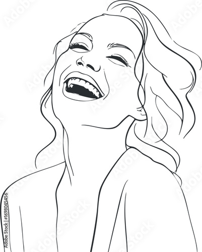 A joyful line art illustration of a woman laughing, capturing pure happiness and emotion. Black on transparent background.
