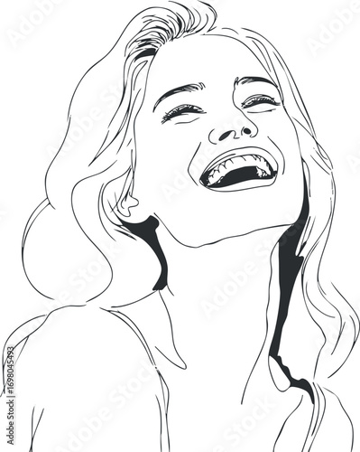 A joyful line art illustration of a woman smiling widely, capturing happiness and emotion. Black on transparent background.