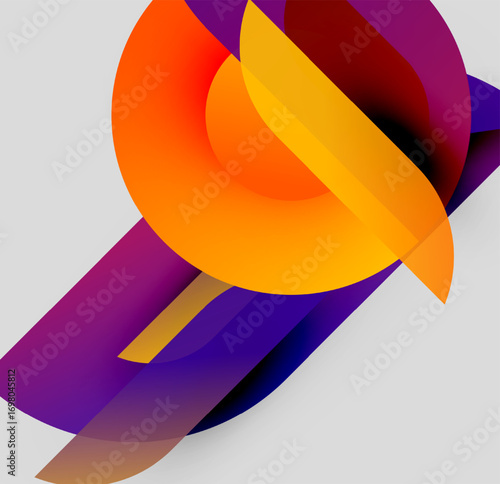 Abstract composition featuring overlapping colorful shapes. Orange, purple, yellow gradients create dynamic visual effect. Modern design.