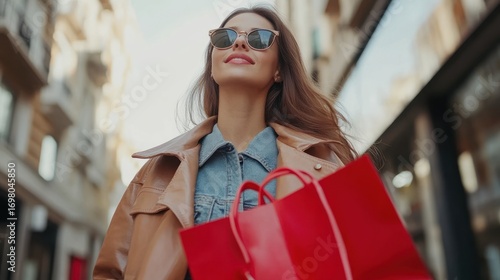 Woman with shopping bags walks city street