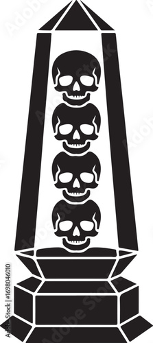 Black Silhouette of Four Skulls Stacked Inside a Crystal Obelisk tower