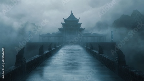 Misty Asian temple on a stone bridge
