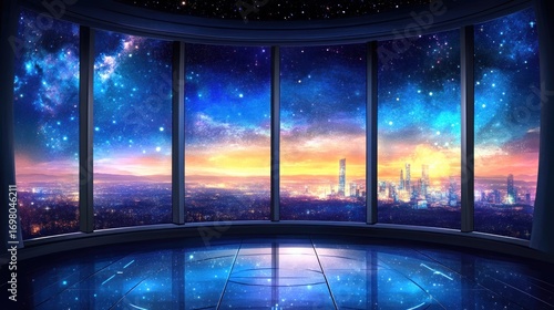 Futuristic room with panoramic city and starry sky view through large windows