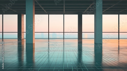 Empty, modern office space with large windows overlooking city at sunset