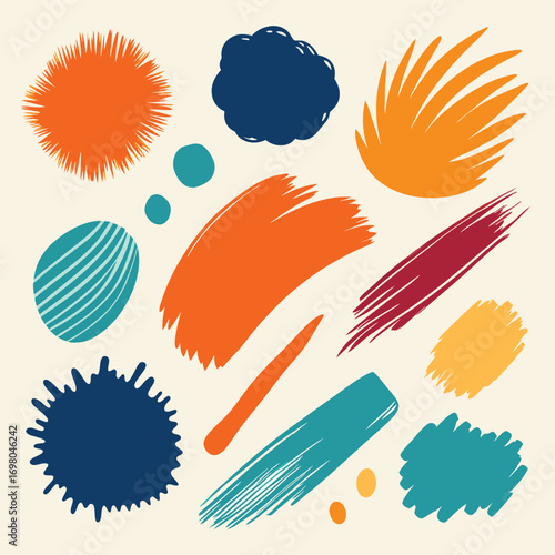 A vibrant collection of abstract, hand-drawn brush strokes and splatters in various colors and shapes, set against a neutral background.