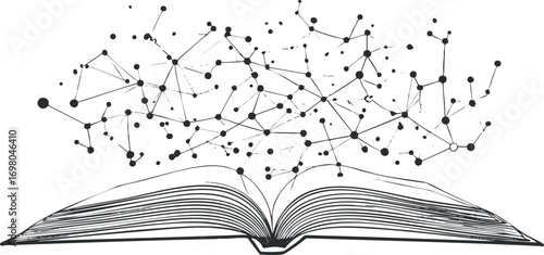 An open book with abstract connections and nodes representing knowledge and information flow. Black on transparent background.